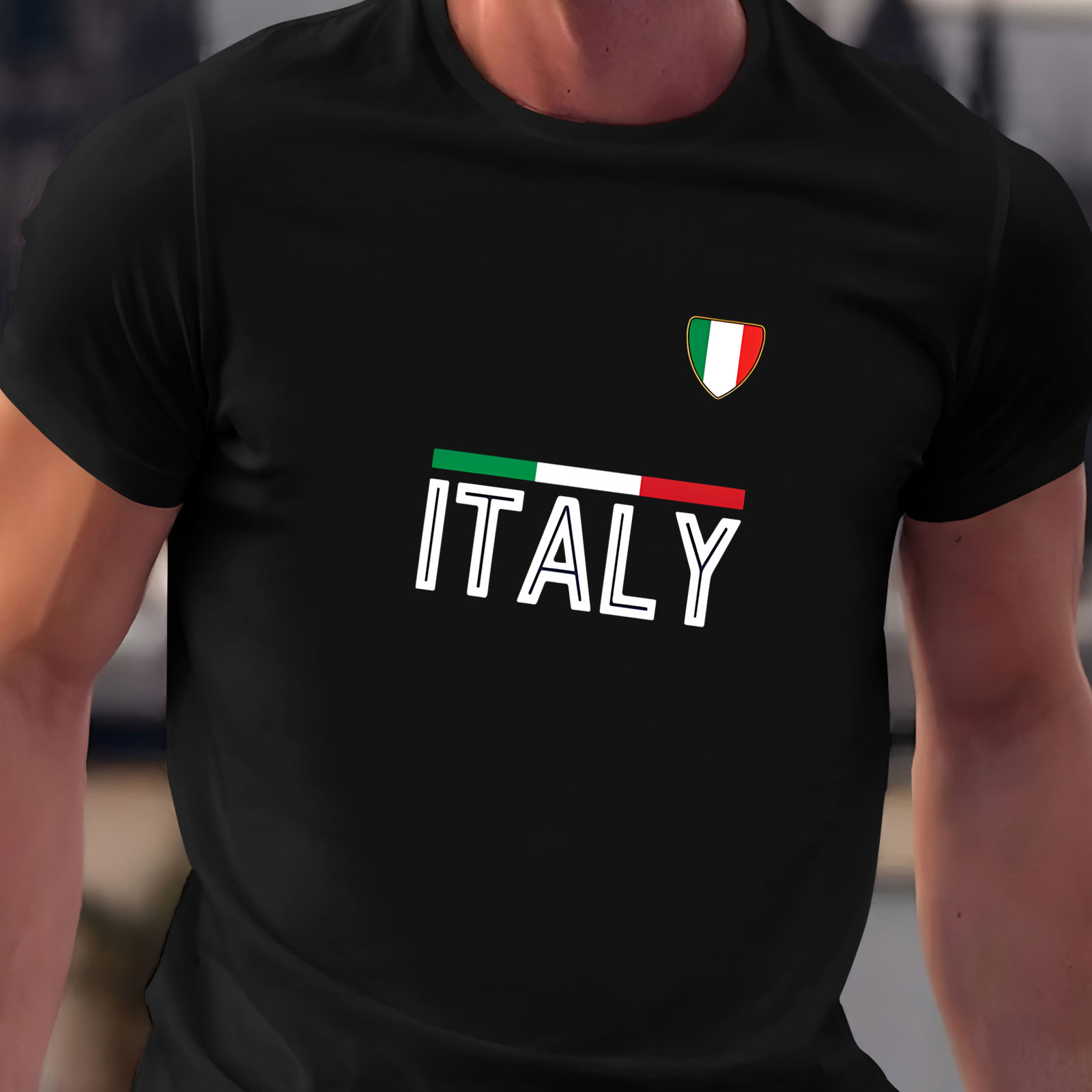 

Men's Italy Print T-shirt, Casual Crew Neck Short Sleeve Tee, 100% Polyester Knit Fabric, Stretch, Regular Fit, Summer Top - 180gsm