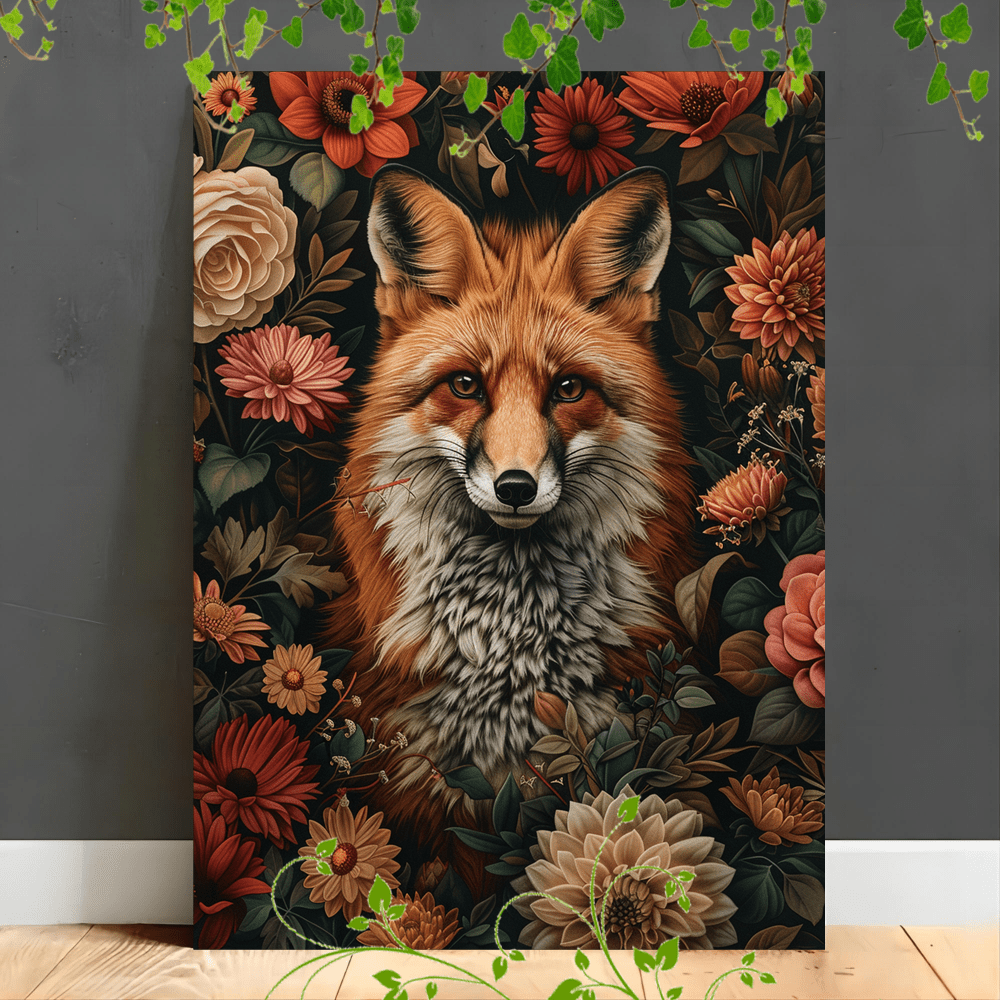 

1pc Wooden Framed Canvas Painting Suitable For Office Corridor Home Living Room Decoration Fox, Vibrant Flowers, Detailed Floral Background, Forest Setting, Realistic Art, Natural Colors, Serene Atm