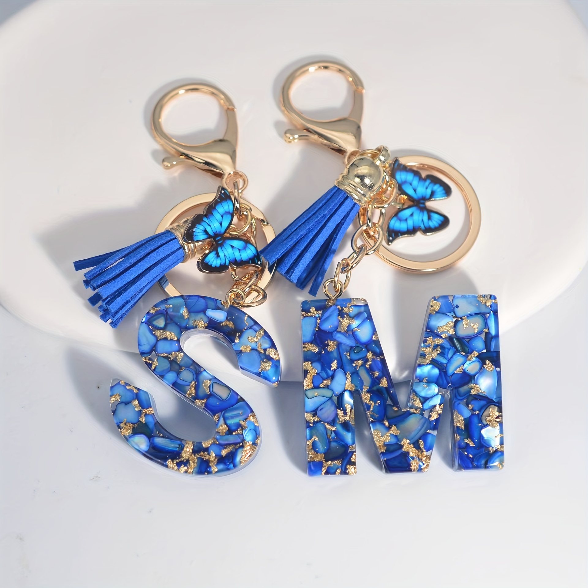 

1pc Custom Blue Alphabet Letter Keychain With Butterfly Pendant - Resin Ladies Key Ring With Tassel - Elegant Accessory For Bags, Backpacks - Unique Valentine's Day Gift Idea With Lobster Clasp