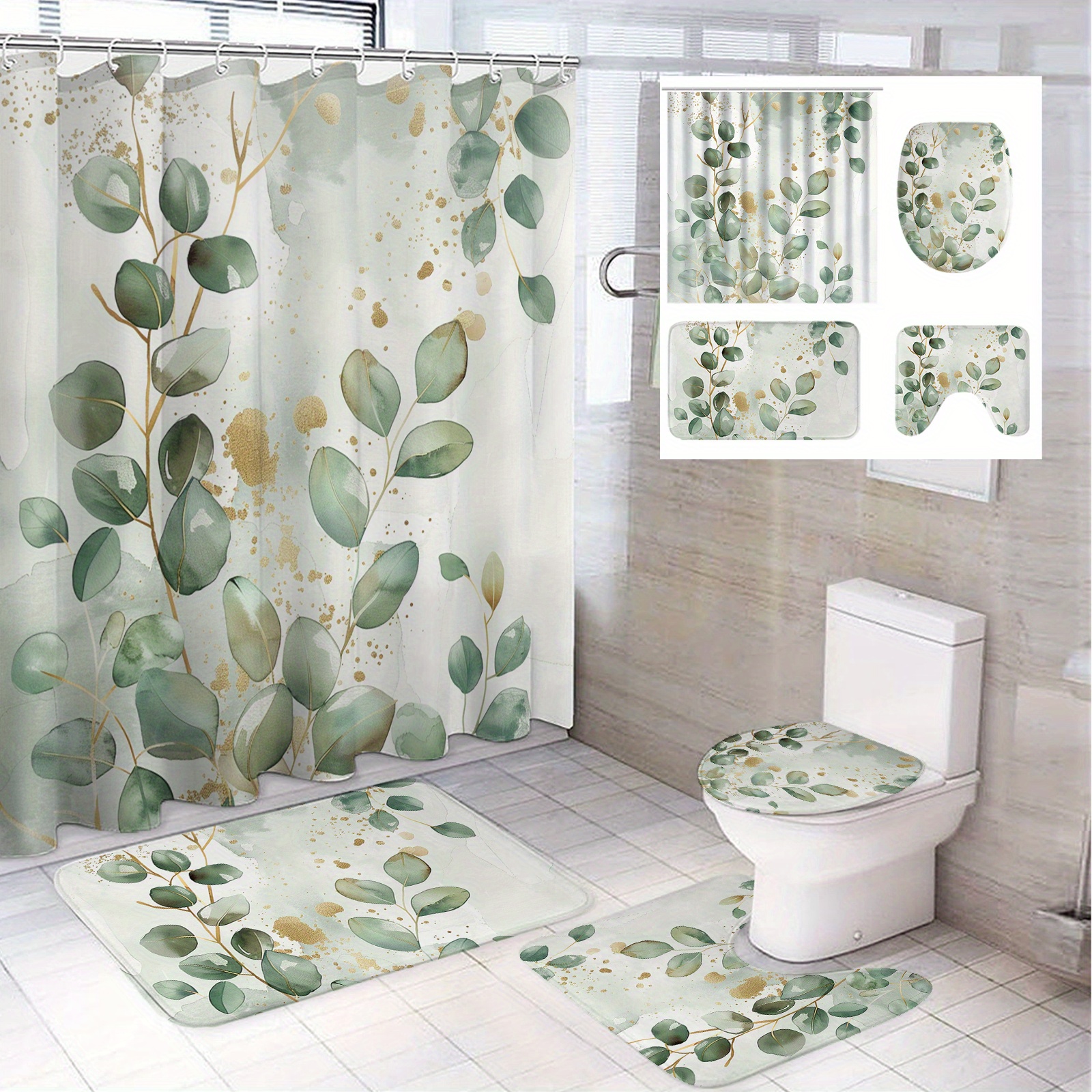 

1/4pcs Eucalyptus Leaf Pattern Polyester Bathroom Set, 71x71in Shower Curtain With 12 Hooks, Non-slip Bath Mat, Toilet Lid Cover, U-shaped Mat, Home Decor, Washable, Artistic Theme, Machine Washable