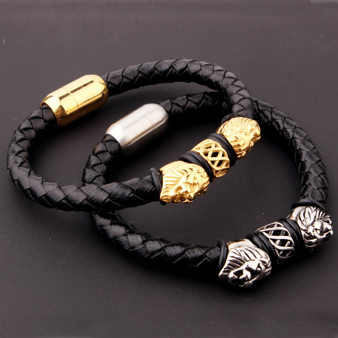 

Men's Braided Leather Bracelet With Stainless Steel Lion Head Beads, Magnetic Clasp, 8.66in/22cm, Black And Fashion Accessory