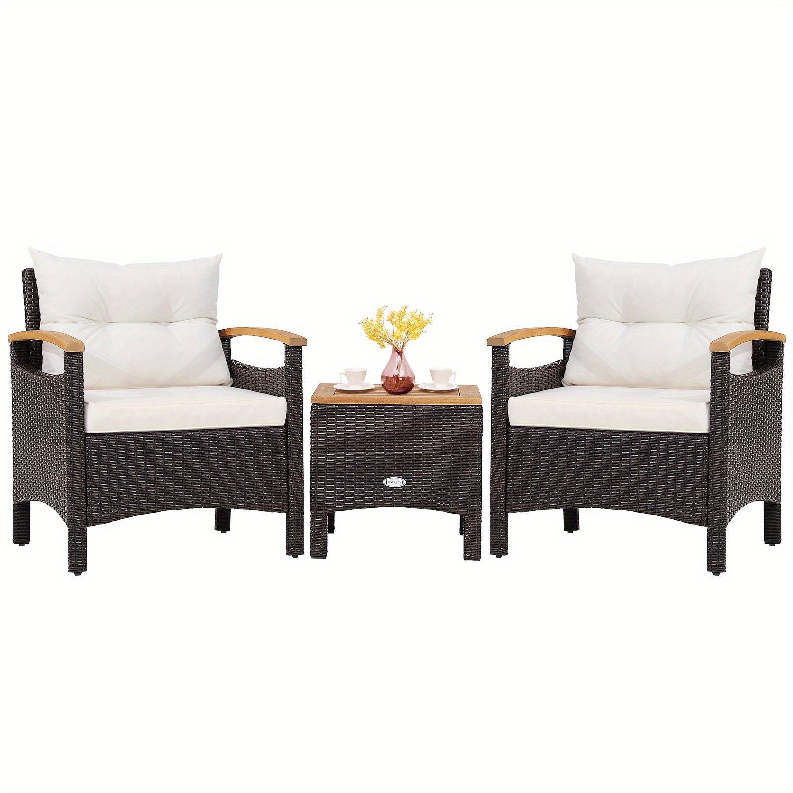 

[poolside Furniture] Homasis 3pcs Patio Rattan Furniture Set With Wooden Armrests & Cushioned - Pe Rattan & , Includes 2 Sofas & Coffee Table, Easy To Clean, Outdoor Areas