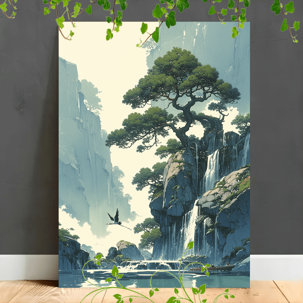 

1pc Wooden Framed Canvas Painting Suitable For Office Corridor Home Living Room Decoration Mountain Landscape, Waterfall, Flying Cranes, Misty Atmosphere, Pine Tree, Serene Lake, Traditional Chinese