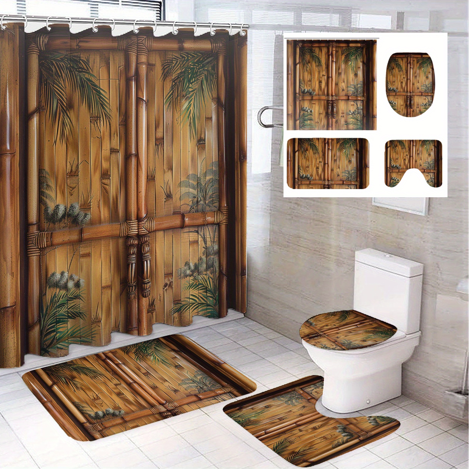 

1/4pcs Bamboo Door Pattern Modern Bathroom Decoration, Polyester Bathroom Set With 12 Hooks, Bathroom Non-slip Floor Mat, Toilet Seat Cover And U-shaped Mat Home Decoration 71*71in