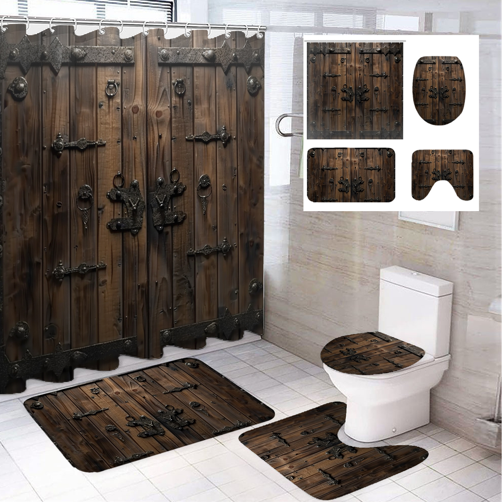 

1/4pcs Wooden Door Pattern Modern Bathroom Decoration, Polyester Bathroom Set With 12 Hooks, Bathroom Non-slip Floor Mat, Toilet Seat Cover And U-shaped Mat Home Decoration 71*71in