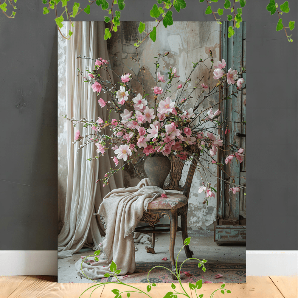 

1pc Wooden Framed Canvas Painting Suitable For Office Corridor Home Living Room Decoration , Rustic Chair, Vintage Style, Green Foliage, Muted Colors, , Shabby Chic, Floral Arr