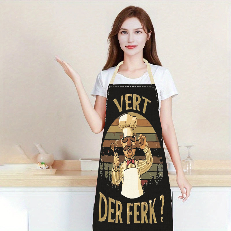 

Jit/1pc Apron With "vert Der Ferk" Print - Fashionable Design For Kitchen, Restaurant, Cafe, Barbershop & Bbq - Durable Unisex Workwear And Protective Clothing, 100% Woven Linen Material