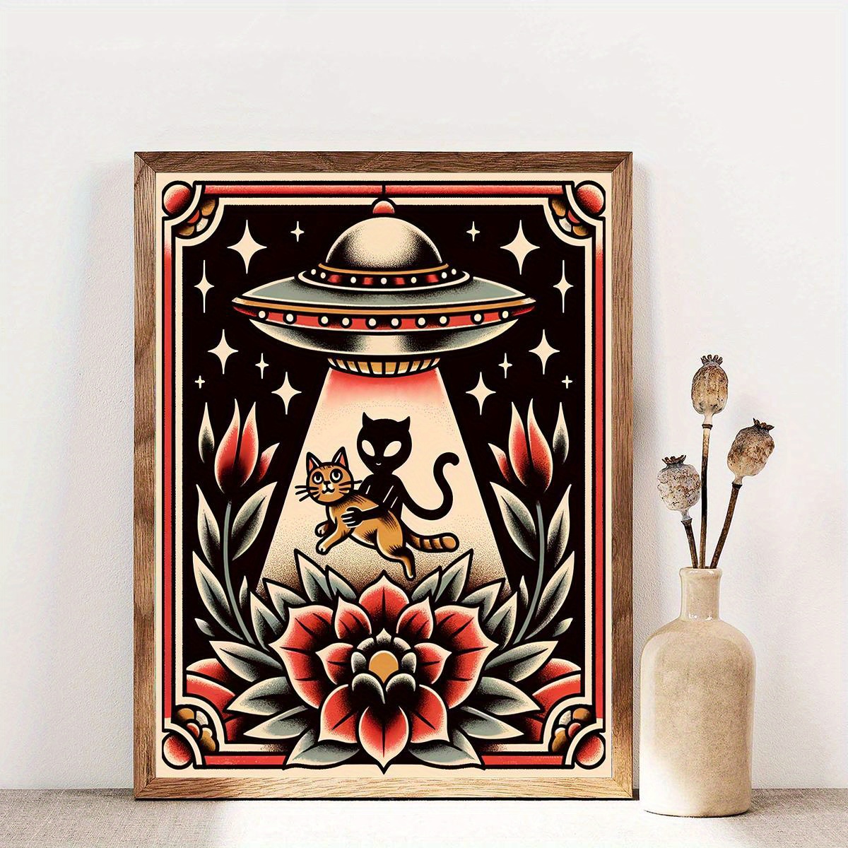 

Alien Art Print: Black Cat And In A Classic Tattoo Style, Featuring Flowers And A Spaceship, Perfect For Home Or Office Decor