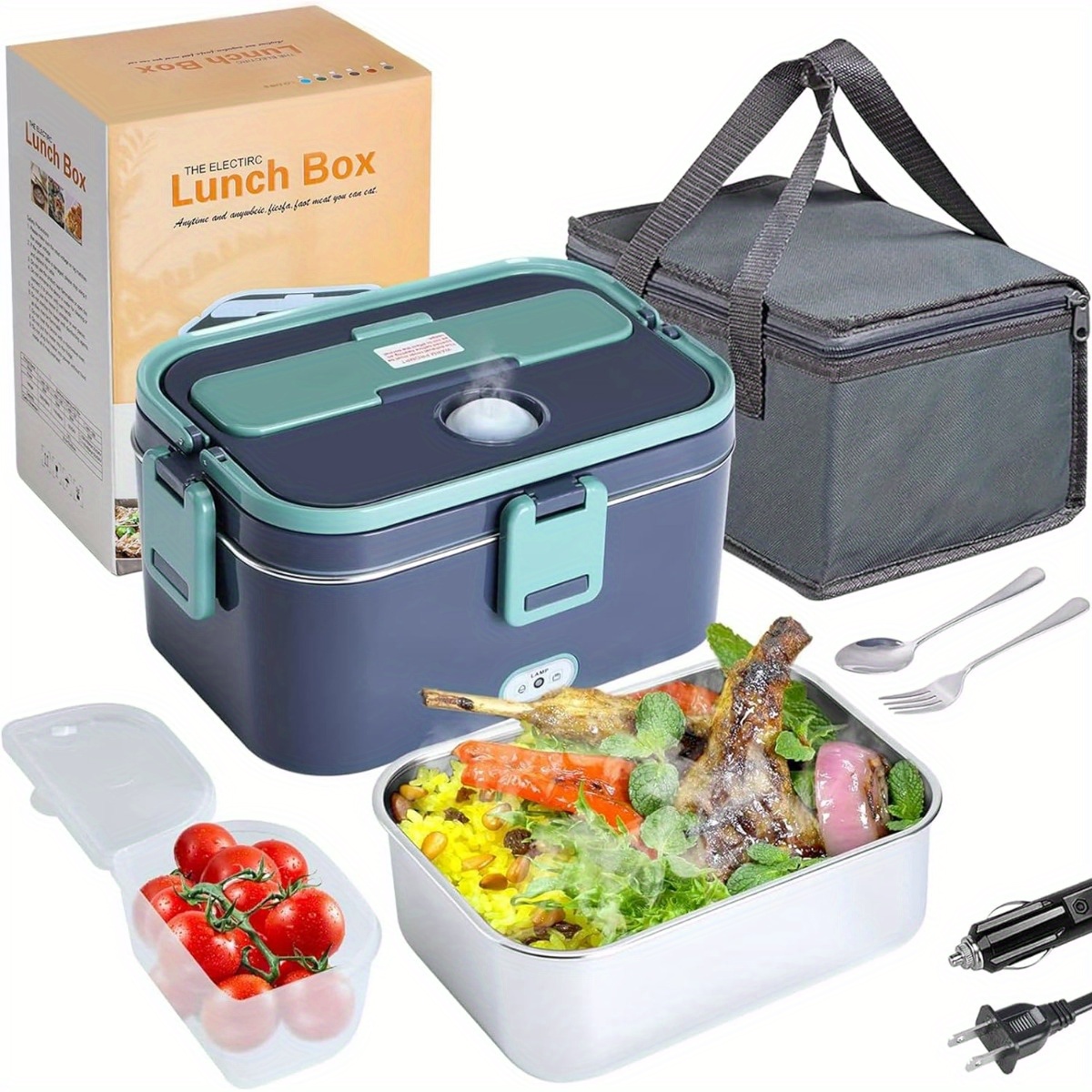 

1.8l 80w Electric Lunch Box, Food 12v 24v 110v Portable Food Warmer Heater For Car/truck/home, Box With 1.8l 304 Stainless Steel Container 0.45l Compartment