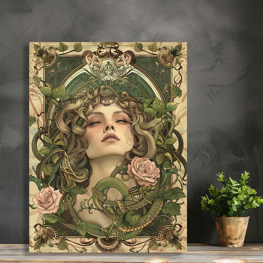 

Art Deco Medusa Canvas Wall Art, Snake And Rose Design, Vintage Style Unframed Canvas Painting For Home Decor, Light Luxury Artwork For Living Room, Hallway, Studio - 12x16 Inches, Craft Supplies