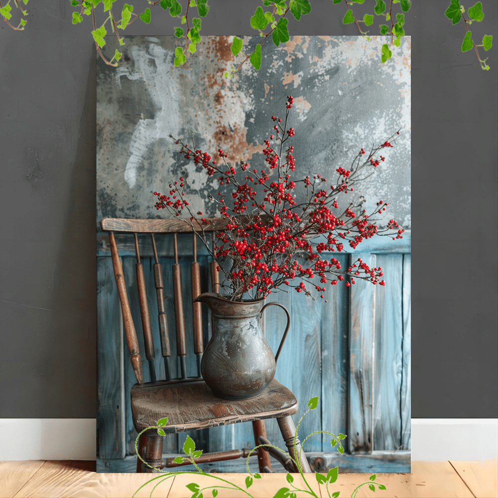 

1pc Wooden Framed Canvas Painting Suitable For Office Corridor Home Living Room Decoration Rustic Chair, Metal Pitcher, Red Berries, Vintage Decor, Wooden Floor, Simple Arrangement, Muted Colors, Fa