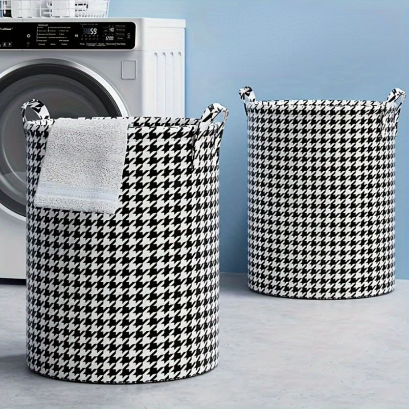 

1pc Canvas Laundry Basket, 28l/41l Capacity, Houndstooth Foldable Storage Organizer, Monochrome Clothes And Sundries Bin With Handles For Bedroom, Bathroom