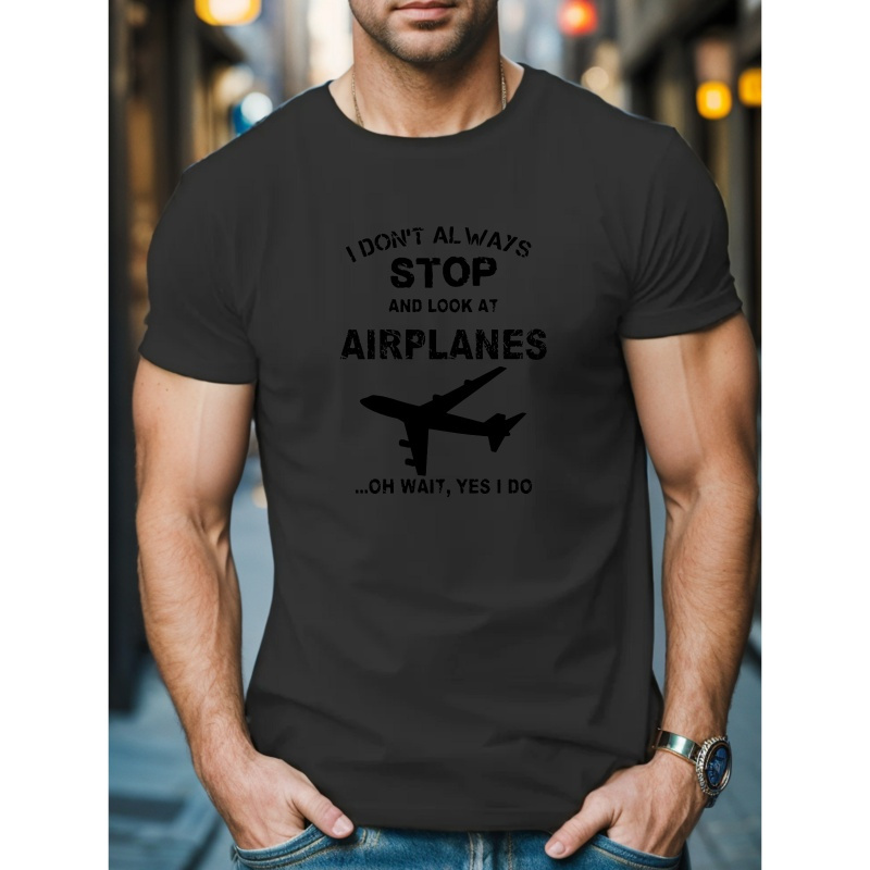 

Airplane & Letters Print Men's Fashion Comfy Breathable T-shirt, New Casual Round Neck Short Sleeve Tee For Spring Summer Holiday Leisure Vacation Men's Clothing As Gift