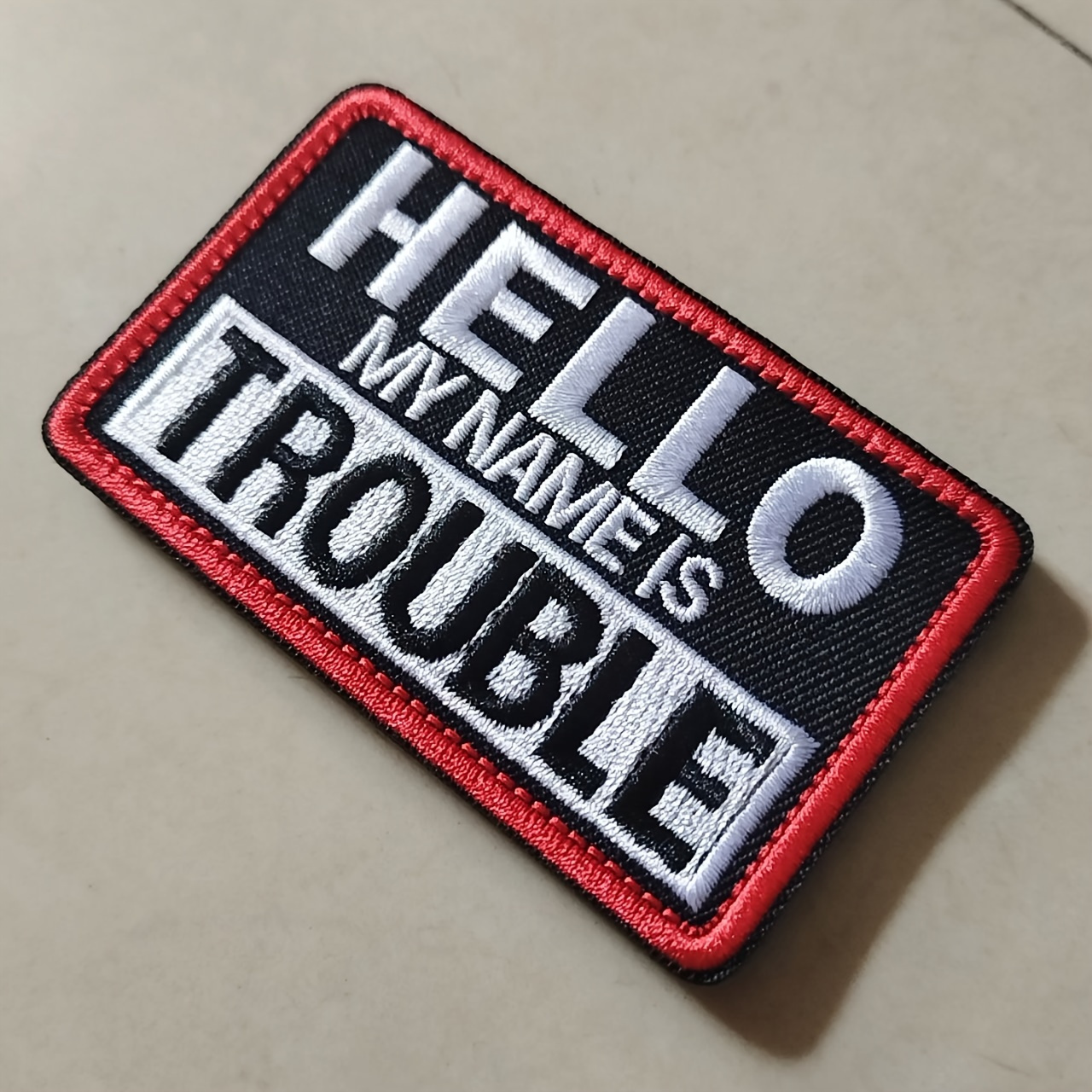 

3pcs "hello My Name Is Trouble" , Funny Letter Patches Embroidered Applique Fastener Hook & Loop Emblem For Outdoor Backpacks, Uniforms, Clothing, And Gear