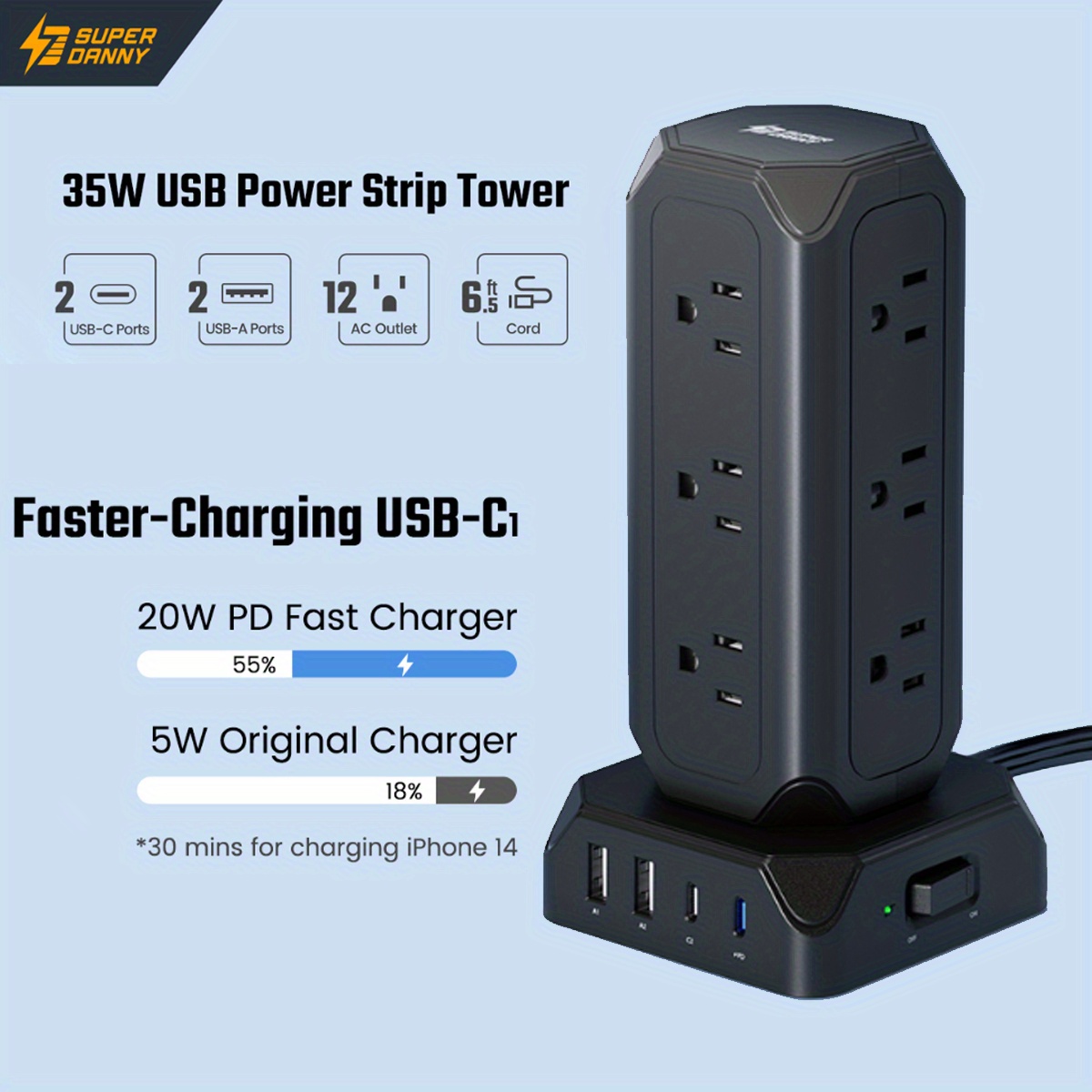 

Superdanny Protector Power Strip Tower 12 Outlets With 35w Usb (2 Usb-a & 2 Usb-c) Charging Station 1700j 6.5ft Flat Plug Extension Cord