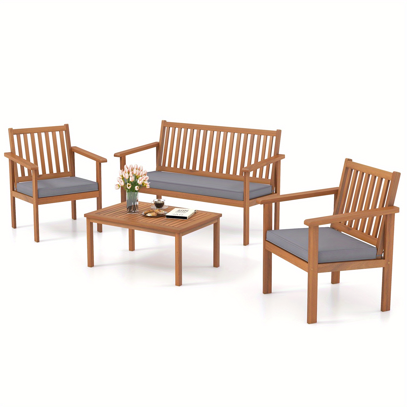 

Lifezeal 4 Piece Patio Wood Furniture Set W/ Loveseat, 2 Chairs & Coffee Table For Porch