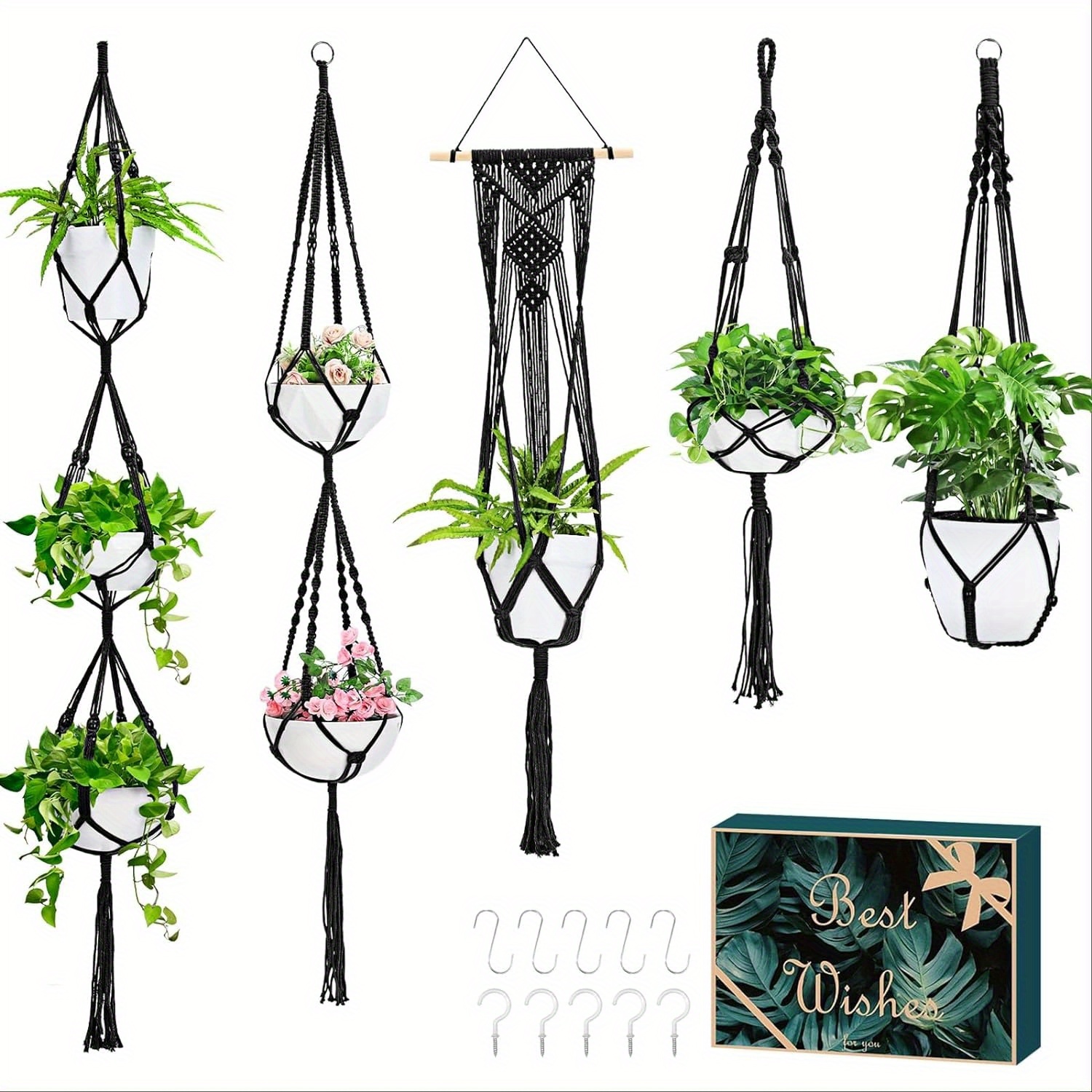 

5 Packs Macrame Plant Hangers With 5 Hooks, Different Ties Handmade Cotton Rope Boho Hanging Planters Set Flower Pots Holder Stand For Indoor Outdoor Home Décor (black)
