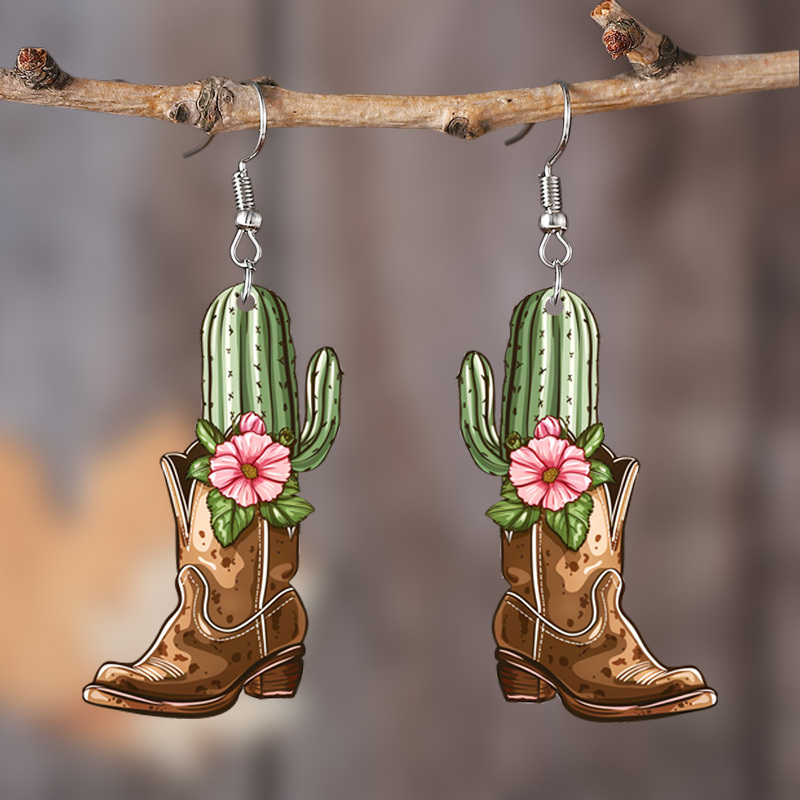 

Cactus Festival Boots Earrings - Acrylic Cactus Jewelry For Women - Party And Celebration Earrings - Classic Style - Stainless Steel Ear Hooks