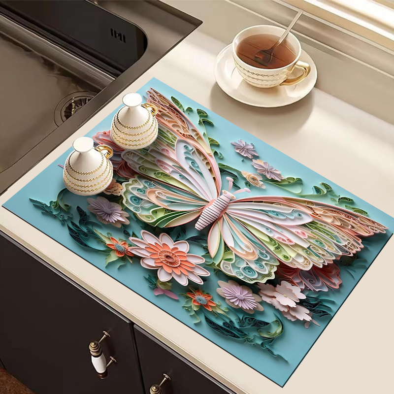 

Ultra-absorbent Butterfly Print Dish Drying Mat - Non-slip, Durable Polyester For Kitchen & Dining Decor | Ideal For Coffee Machines, Countertops, And Appliances