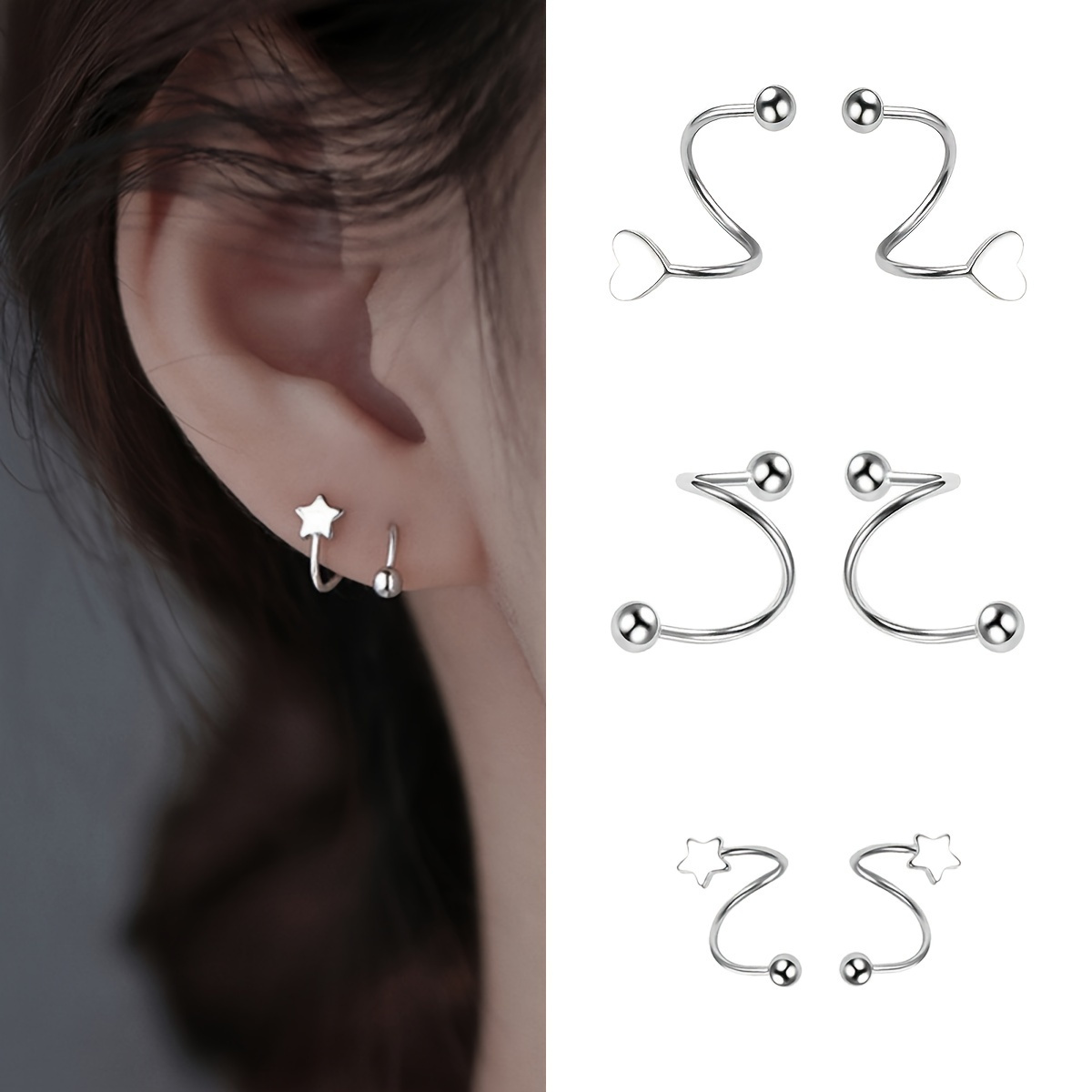 

6-piece Spiral Star And Heart Earrings Set, Stainless Steel Jewelry, Elegant & For Women, Ideal For & Music Festivals, Street & Cute Fashion Accessories, No Plating - Stainless Steel Ear Set For All