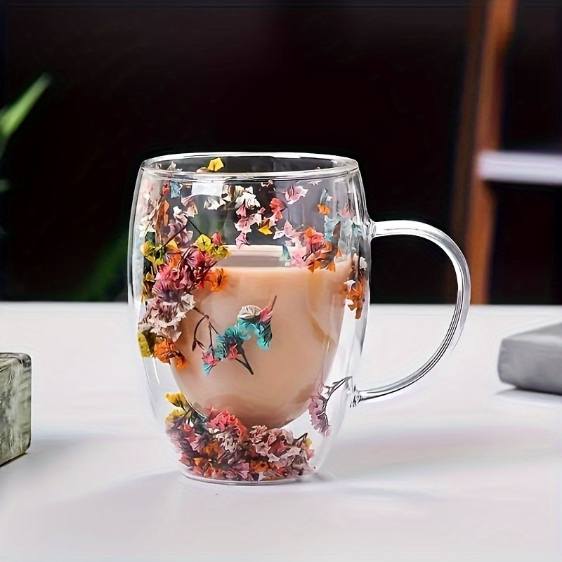 

Double Wall Glass Coffee Mug With Real Dried Flower Design, High-temperature Resistant, Reusable Multipurpose Glass Cup With Handle, Recyclable Material, Hand Wash Only - Floral Sand Art Glassware