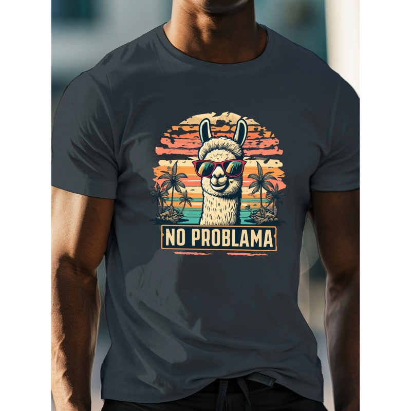 

Men's Alpaca Glasses "no Problema" Print T-shirt, Casual Crew Neck Short Sleeve Top, 100% Polyester Knit Fabric, Lightweight Summer Tee, Regular Fit - Geometric