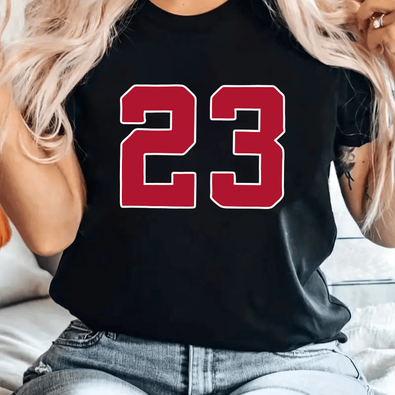 

Women's Casual Athletic Short Sleeve T-shirt With Number 23 Print, Fashionable Sporty Style, Tee For Everyday Wear