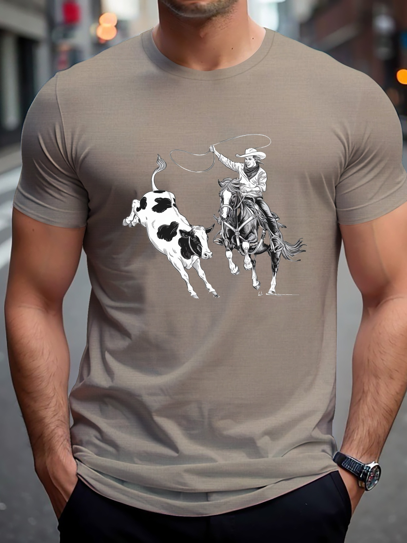 Cattle Print Western T-Shirt, Crew 2024 Neck Short Sleeve Casual Top For All Season,