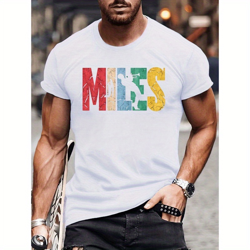 

Trumpet Miles Typography Illustration Print Tee Shirt, Tees For Men, Casual Short Sleeve T-shirt For Summer