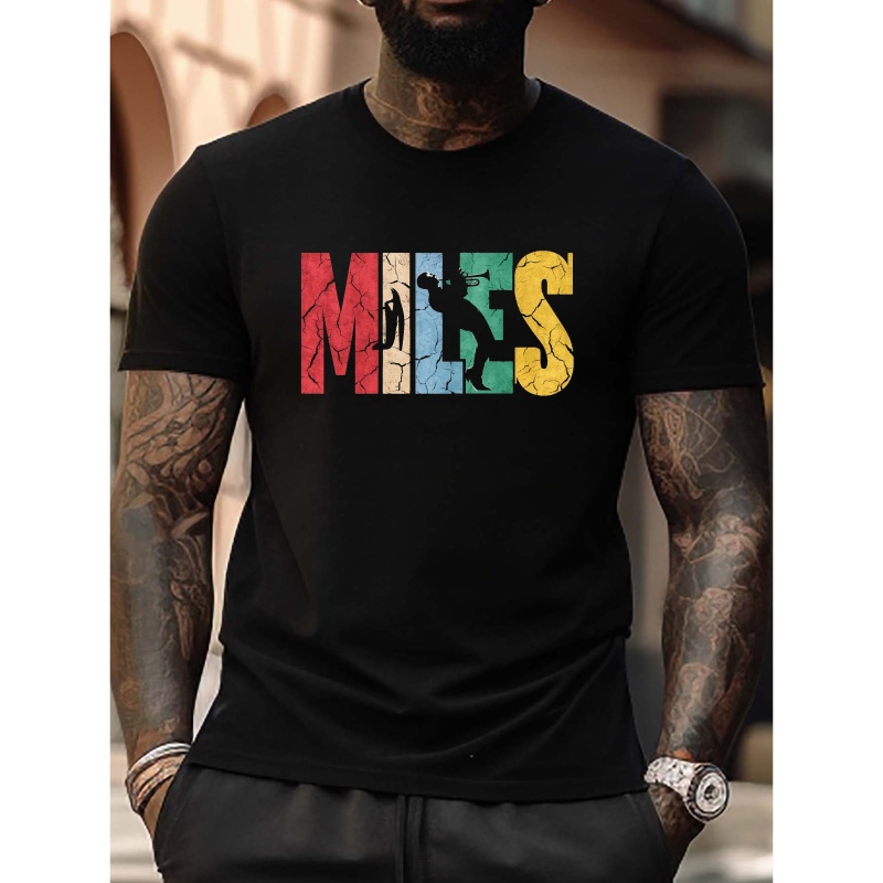 

Miles Print Plus Size Men's Crew Neck Trendy T-shirt, Versatile Comfortable Top For Big & Tall