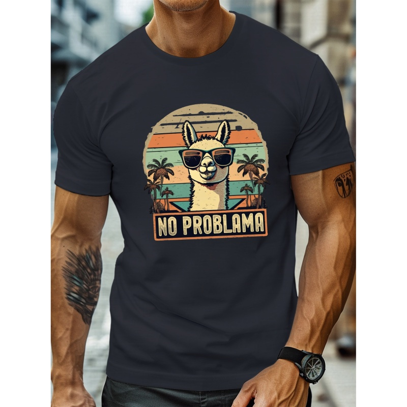 

Alpaca Wearing Sunglasses No Problem Print Men's Crew Neck Short Sleeve T-shirt, Slightly Elastic, Comfy Summer Top For Daily Wear