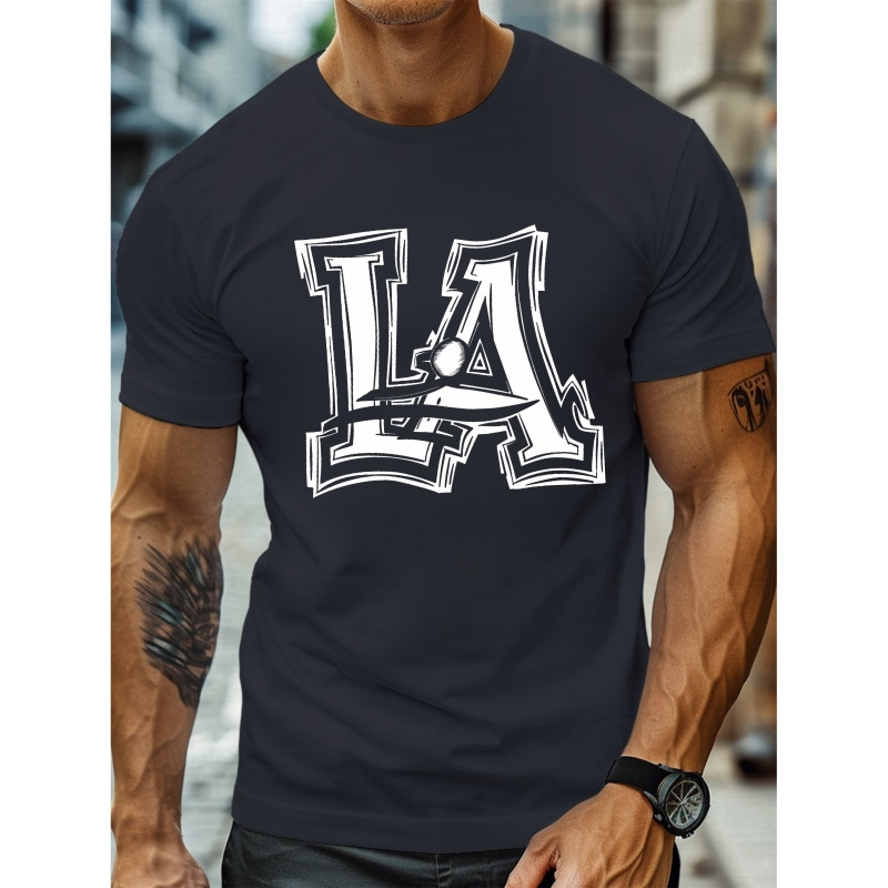 

Graffiti La Pattern Print, Men's Round Crew Neck Short Sleeve Tee, Casual T-shirt Casual Comfy Lightweight Top For Summer