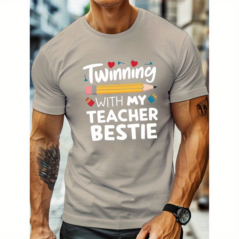 

Twinning With My Teacher Print, Men's Round Crew Neck Short Sleeve Tee, Casual T-shirt Casual Comfy Lightweight Top For Summer