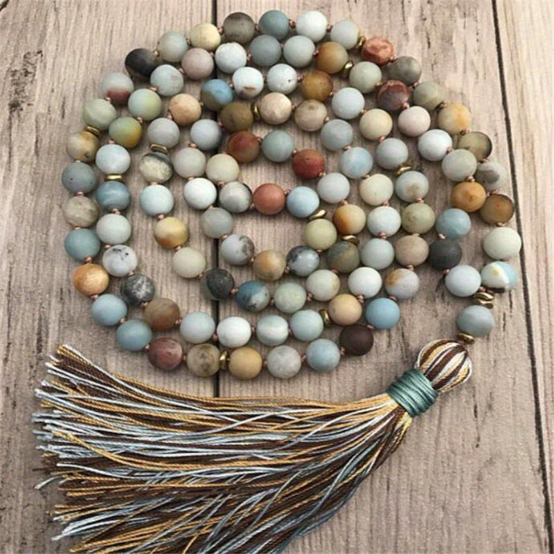 

8mm Natural Bead Mala With 108 , Handmade Knotting, And Tassel Pendant - Suitable For Men And Women