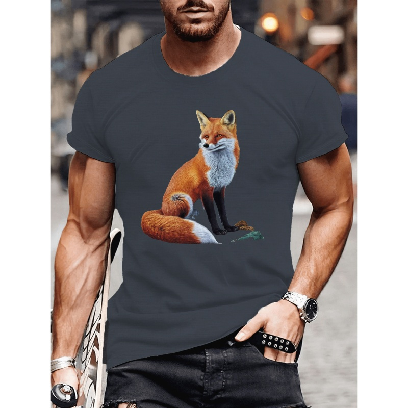 

Fox Foliage Print Tee Shirt, Tees For Men, Casual Short Sleeve T-shirt For Summer