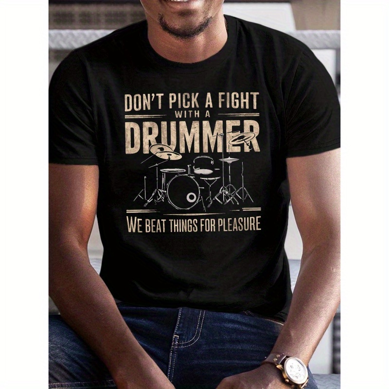 

Letter Drummer Bold Fonts Design Print Tee Shirt, Tees For Men, Casual Short Sleeve T-shirt For Summer