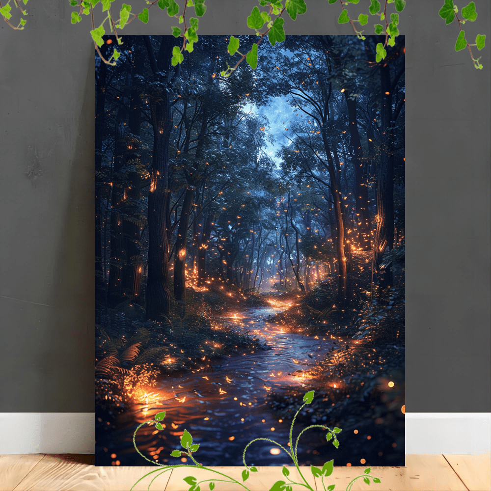 

1pc Wooden Framed Canvas Painting Suitable For Office Corridor Home Living Room Decoration Forest, Glowing River, Moonlit Night, Mystical Ambiance, Fireflies, Dense Trees (1)