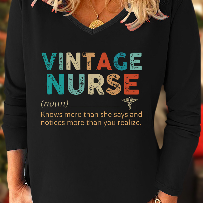 

Women's Casual V-neck Long Sleeve Shirt, Vintage Nurse Print, Fall Leisure Top, Comfortable Nurse Appreciation Tee