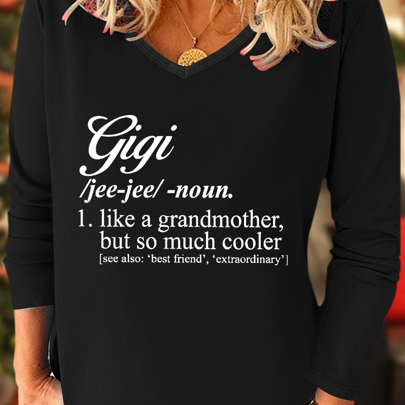 

Women's Casual V-neck Long Sleeve Top With "gigi" Definition Print, Cozy & Stylish, Perfect For Fall Season