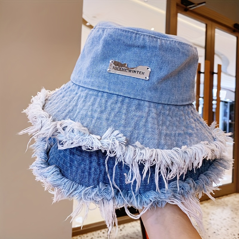 

Raw Hem Denim Bucket Hat Letter Label Basin Hats Stylish Versatile Lightweight Fisherman Hats-daily Wear Matching And Shading - A Holiday Gift For Women