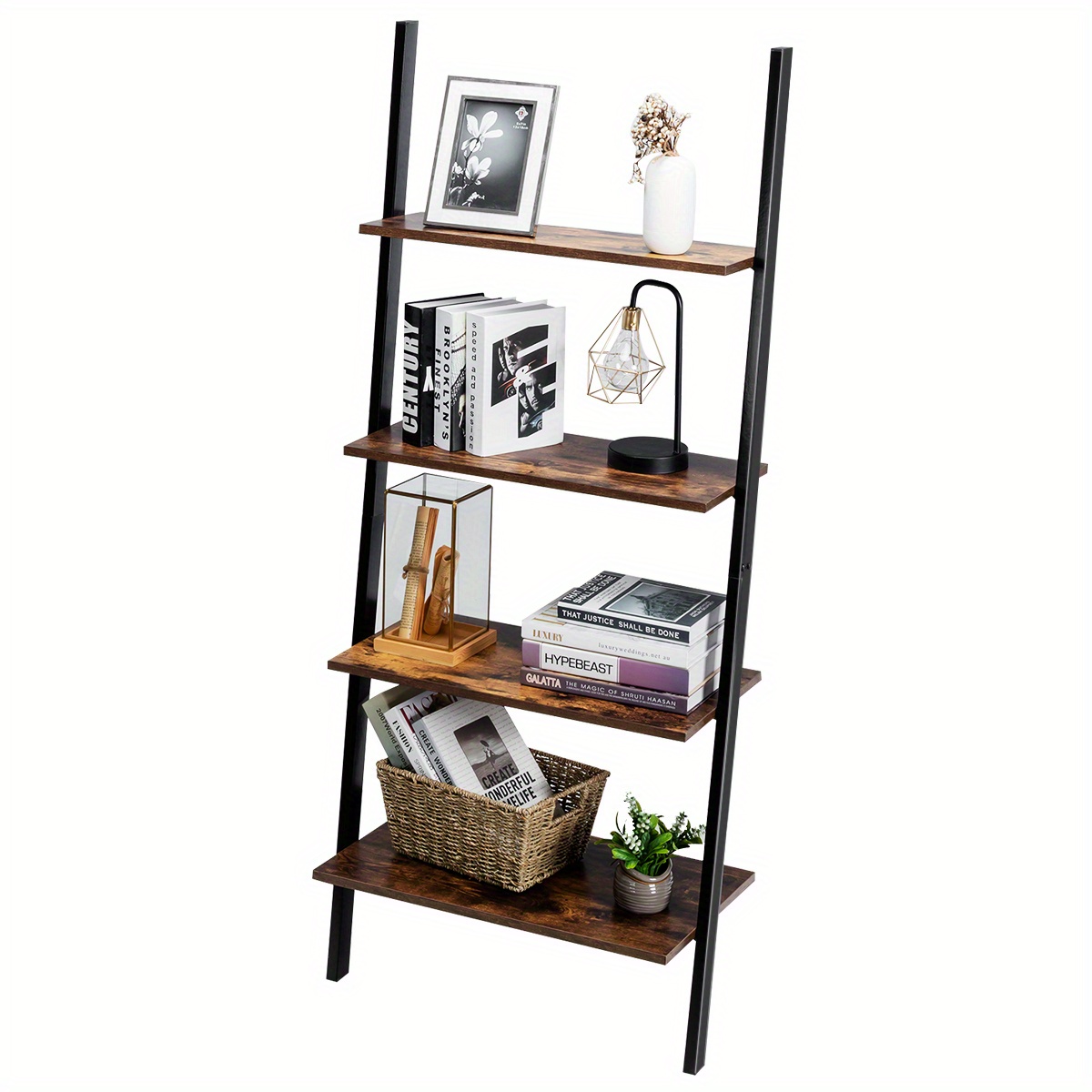 

Lifezeal Industrial Ladder Shelf 4-tier Leaning Wall Bookcase Plant Stand Rustic Brown