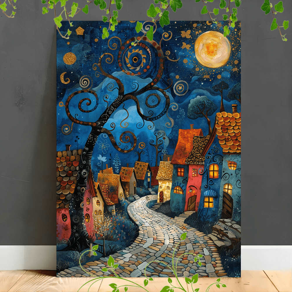 

1pc Wooden Framed Canvas Painting Suitable For Office Corridor Home Living Room Decoration Whimsical Village, Colorful Houses, Swirling Patterns, Cobblestone Path, Fantasy, Vibrant, Night Sky (1)