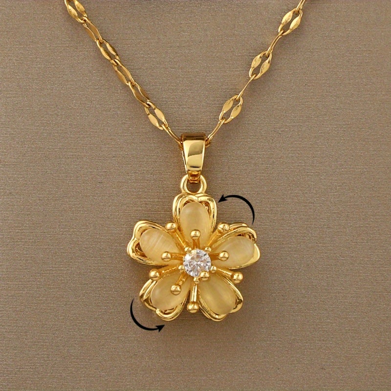 

Elegant Golden-tone 360° Rotatable Flower Zirconia Pendant Necklace - Vintage/, Copper With Chain - Ideal Birthday & Thanksgiving Gift For Women