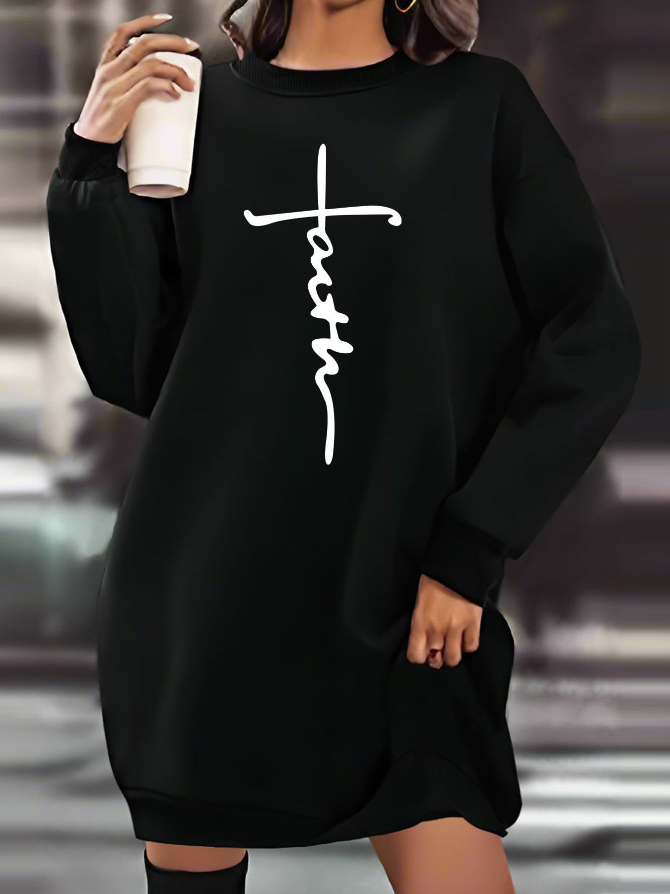 Letter Print Crew Neck Sweatshirt Dress, Casual Long Sleeve Loose Dress For  Fall  Winter, Women's Clothing