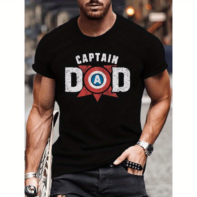 

Captain Dad Graphic Print Men's Crew Neck Short Sleeve T-shirt, Fashion Tees, Casual Comfortable Versatile Top For Summer