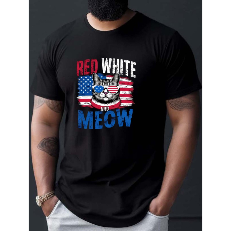 

American Flag And Cat Wearing Sunglasses Print Men's T-shirt, Summer Short Sleeve Casual Top, Comfy And Trendy Crew Neck Tee Shirt For Everyday Wear