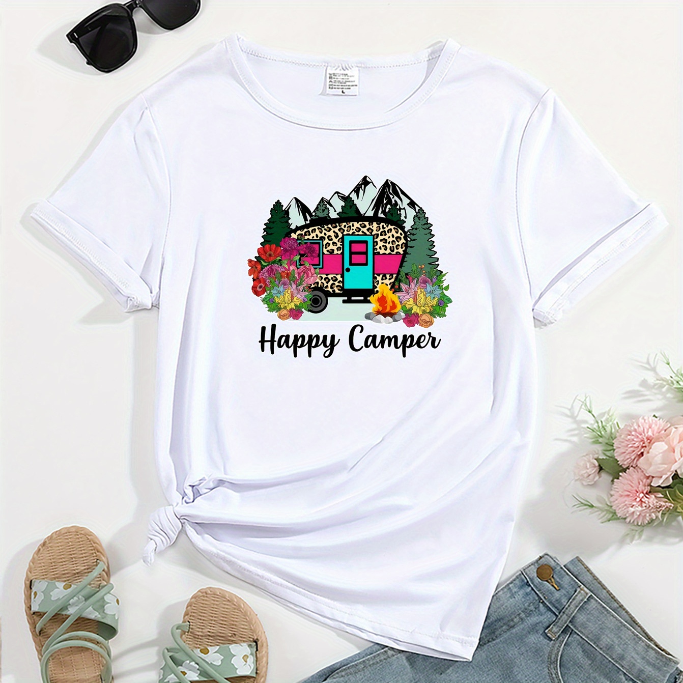 

Women's Casual Short Sleeve Round Neck Happy Camper Graphic Tee, Comfort Fit T-shirt