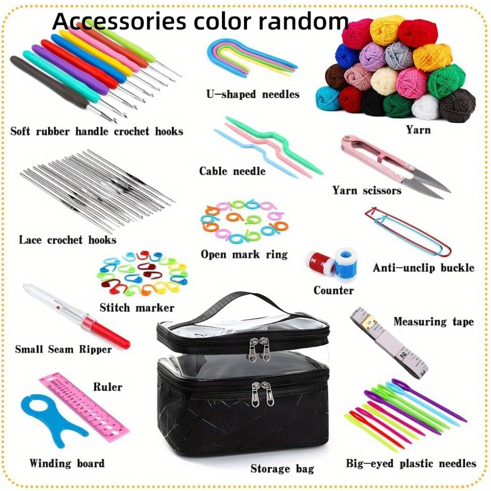 

105-piece Crochet Kit With Yarn And Storage Bag – All Seasons Diy Hand Knitting Tools Set, Mixed Color Assortment, Metal Needles, Fabric Accessories For Beginners And Experts