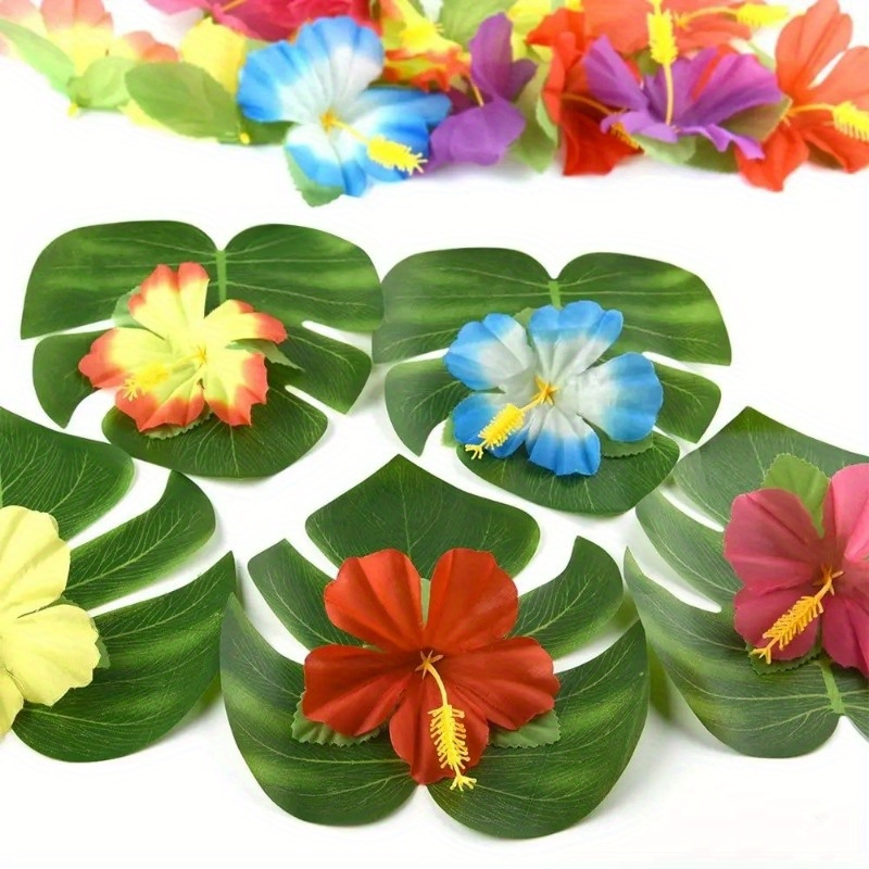 

30pcs & Hibiscus Flower Set - Fabric Palm Leaves For , Parties, Weddings & Birthdays Decor, Hawaiian Decorations