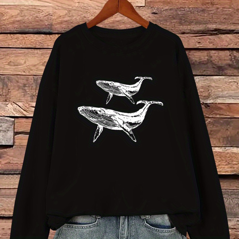 

Whale Print Sweatshirt, Long Sleeve Crew Neck Casual Sweatshirt For Fall & Spring, Women's Clothing